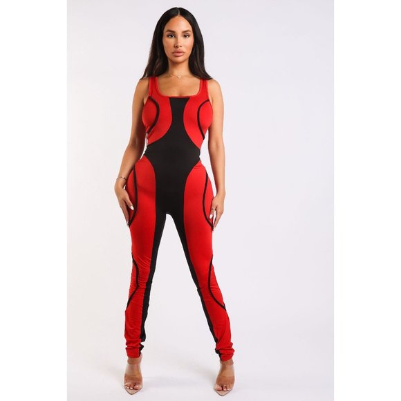 Women's Colorblocked Jumpsuit With Binding Detail Square Neck Strappy Sleeve - Picture 10 of 10